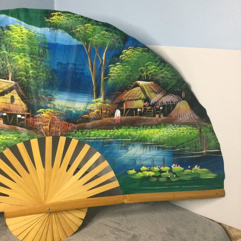 Vintage Oriental Hand‎ Painted Fan Decorative Wall Hanging Art